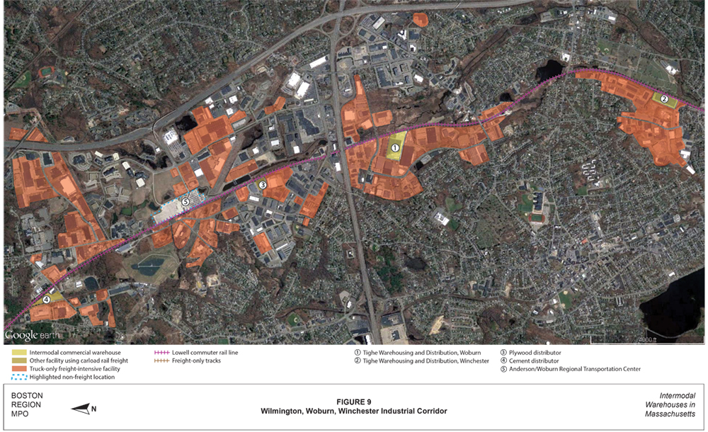 FIGURE 9. Wilmington, Woburn, Winchester Industrial Corridor
This is an aerial photo of parts of Wilmington, Woburn, and Winchester with intermodal warehouses and other industrial land uses highlighted.
FIGURE 9. Wilmington, Woburn, Winchester Industrial Corridor
This is an aerial photo of parts of Wilmington, Woburn, and Winchester with intermodal warehouses and other industrial land uses highlighted.